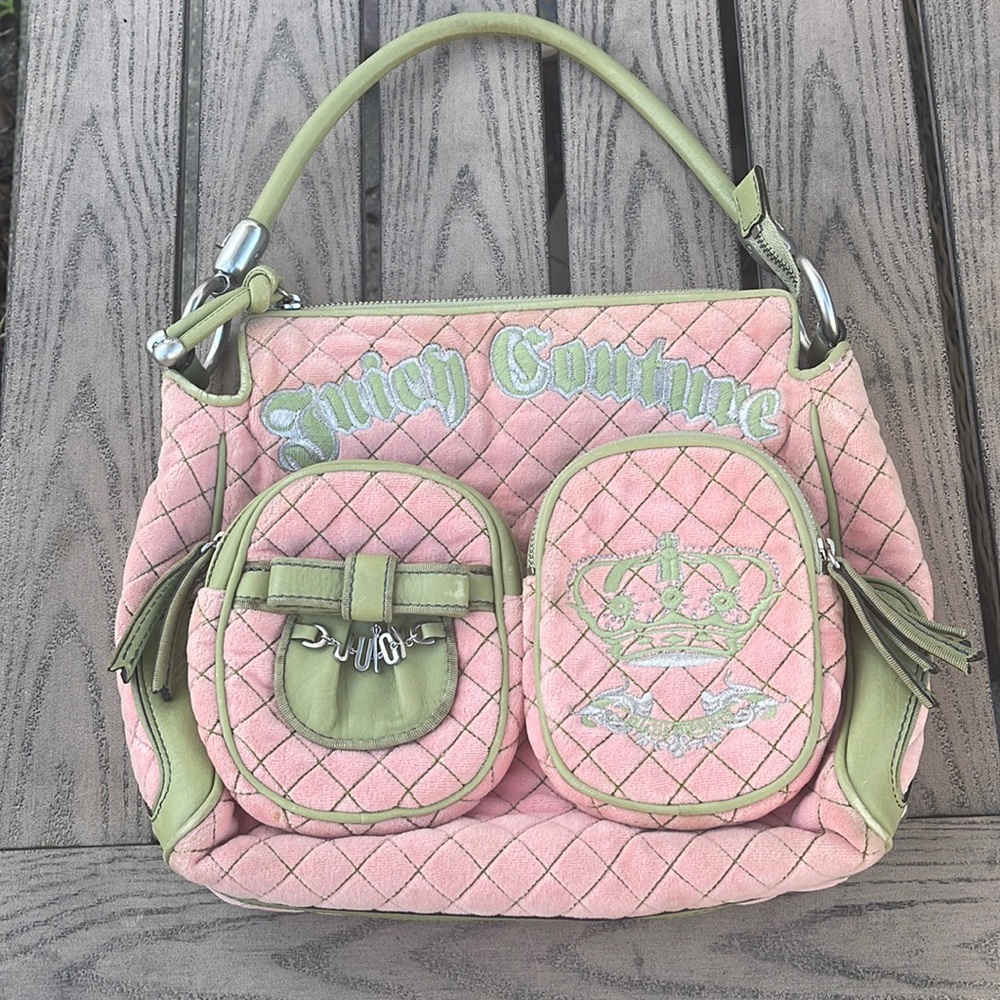 Authentic and Rare Y2K Juicy Couture pink and green quilted velour purse